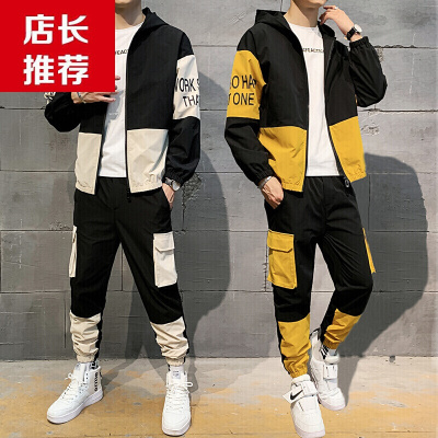 梵克公牛卫衣套装男四季学生流帅气休闲运动两件套商务休闲牌网红连帽夹克工装长裤一套衣服米色2XL