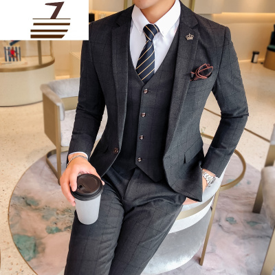 NEWLAKE2018新款秋冬西装男套装商务休闲格子西服套装三件套职业修身韩版