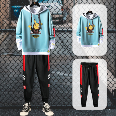 狮臣SHICHEN2020年秋季新款卫衣套装男潮流宽松连帽套头时尚男士运动长袖卫衣男两件套卫衣男装TZ9043湖蓝色L