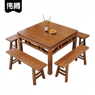 伟樽方桌餐桌98*98*77cm+长条凳*4套