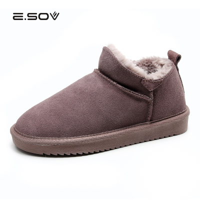 艾索维（E.SOV）冬季新款真皮短筒加厚保暖低帮雪地靴女舒适棉鞋加绒女士平底短靴