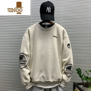 YANXU2023卫衣男潮流ins圆领长袖宽松青少年立体印花外套百搭上衣