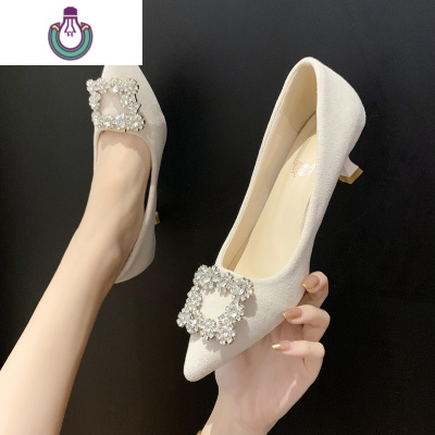 FISHBASKET三厘米法式小高跟鞋女细跟3公分矮低跟黑色绒面工作5cm中跟尖头单休闲鞋