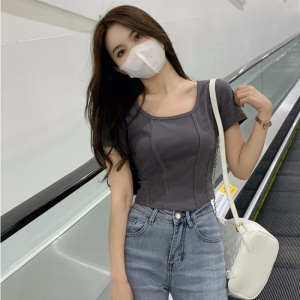 方领T恤女装夏季韩版新款辣妹风设计感修身显瘦短款短袖上衣