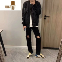 YANXU高街破洞牛仔裤男裤修身小直筒拉链黑色乞丐潮牌男九分裤嘻哈裤子