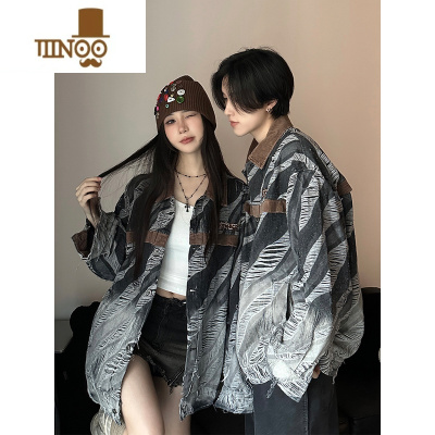 YANXU美式潮牌牛仔外套复古水洗做旧破洞街头宽松夹克男女款情侣装