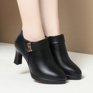 春秋季新款百搭深口单鞋职业高跟鞋厚底防水台单靴子女士薄绒鞋子_1