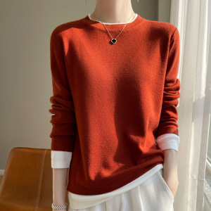 拼色假两件针织衫春款洋气设计感简约显瘦长袖T恤女士圆领毛衣