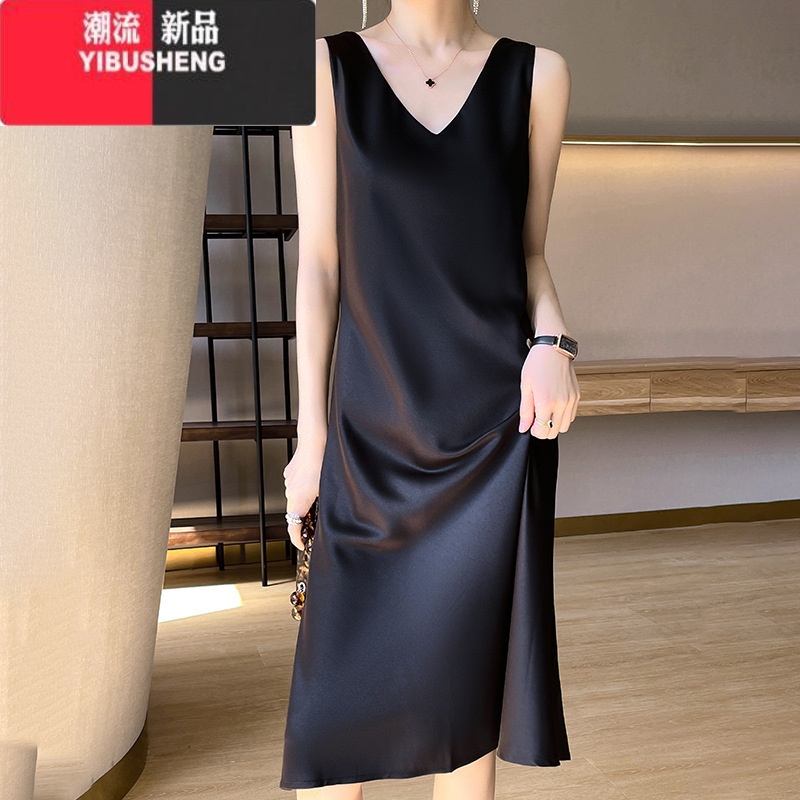 YIBUSHENG醋酸缎面吊带裙女季外穿无袖内搭显瘦a字裙黑色长款过膝连衣裙