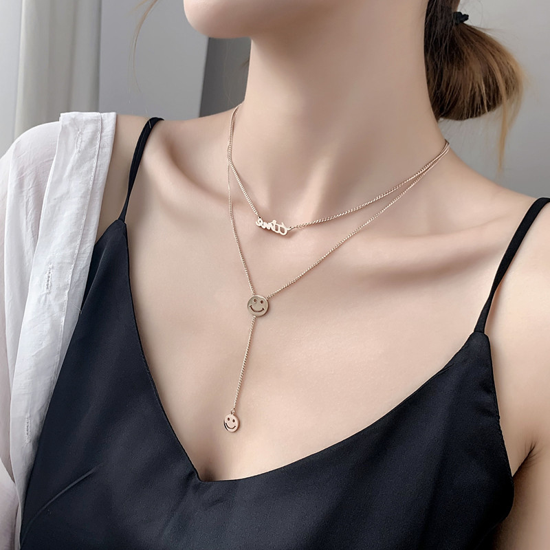 钛钢双层笑脸字母项链小众设计锁骨链女网红简约百搭嘻哈吊坠颈链送女朋友老婆情人节七夕生日礼物