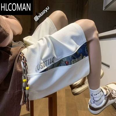 HLCOMAN国潮刺绣短裤男夏季小熊拼接青少年五分运动裤潮牌宽松大码休闲裤
