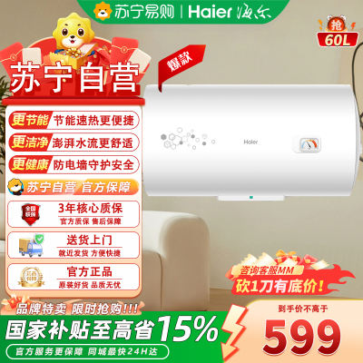 海尔储水式电热水器EC6001-PF1 60升速热金刚内胆2200瓦特二级能效支持水温调节