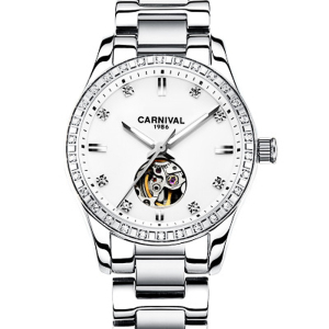 瑞士嘉年华Carnival手表新款全自动机械表 女表时尚钢带潮流夜光防水女士镂空水钻名表时装腕表魅力玫金8685