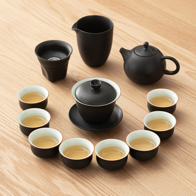 苏氏陶瓷(SUSHI CERAMICS)粗陶金玉满堂功夫茶具套装三才盖碗西施茶壶礼盒款