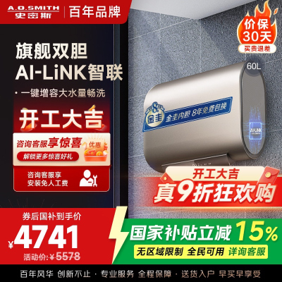 史密斯60升电热水器 家用 双胆扁桶 纤薄黑科技 大屏触控 双擎速热 E60HGDWi一级能效 储水式