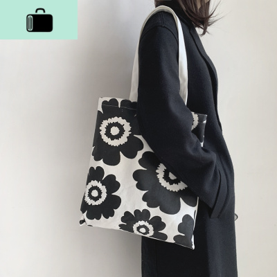黑色文艺花朵帆布袋女单肩包新款2019学生韩版百搭手提ins帆布袋NEW LAKE 黑色花朵女士单肩包