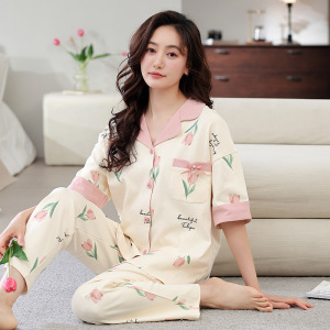 短袖长裤睡衣女夏季棉质薄款休闲开衫翻领外穿可爱卡通宽松家居服