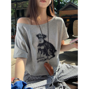 设计感夏日ootd露肩短袖T恤女街头风斜领小狗印花绝美休闲上衣潮