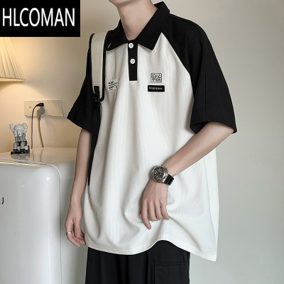 HLCOMAN夏季翻领拼色短袖polo衫男休闲百搭日系潮牌韩版潮流学生宽松T恤