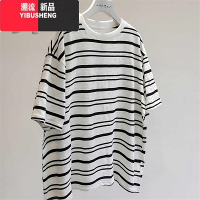 YIBUSHENGzdm大码300斤薄款条纹宽松圆领短袖T恤女慵懒港风打底衫上衣