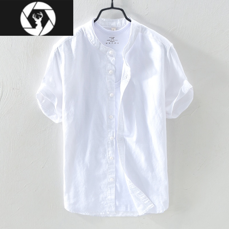 hongzun日系亚麻衬衫男竖领短袖宽松复古薄款t恤透气翻领白寸衣棉麻套