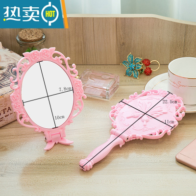 敬平高清手柄化妆镜手拿美容院化妆镜子便携随身复古花边单面小镜便携式用镜 小号粉色蝴蝶可折叠