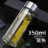 家柏饰(CORATED)玻璃杯 双层便携水杯带盖过滤办公杯男女杯子耐热车载茶杯 蓝色350ml