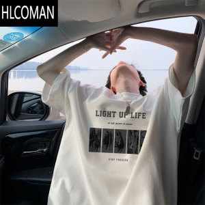 HLCOMAN美式复古短袖t恤男款白色夏季潮牌t宽松大码体恤上衣