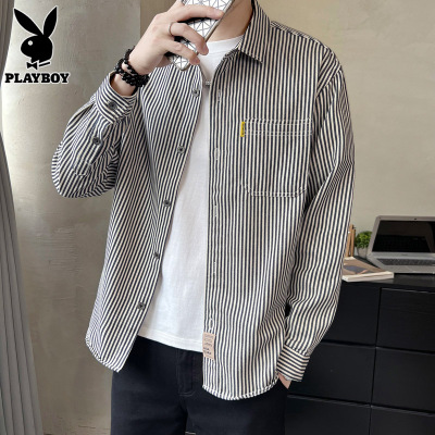 花花公子长袖衬衫男士纯棉条纹上衣服2025年秋季休闲外套衬衣男款