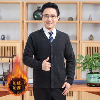 秋冬中年男士保暖加绒加厚外套爸爸装羊毛衫长袖纯色提花加绒开衫
