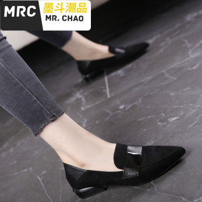 潮款漆皮尖头低跟深口单鞋女2020春季新款韩版粗跟单鞋两穿女鞋墨斗潮品休闲鞋