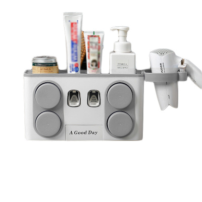 牙刷置物架免打孔卫生间漱口杯套装壁挂式挤牙膏器牙具架-四杯+双挤牙膏+灰色