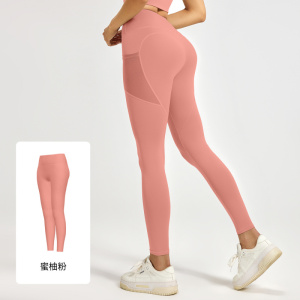 网纱侧口袋运动健身长裤跑步弹力高腰提臀瑜伽裤女薄款
