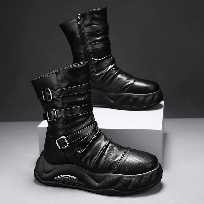 秋冬新款厚底增高骑士潮靴皮面黑色工装机车侧拉链高帮户外男靴