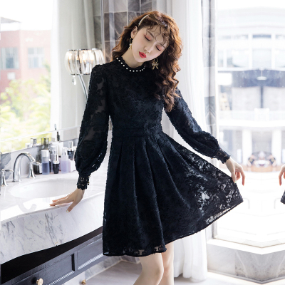 暖青汇黑色连衣裙女早春大码胖mm收腰显瘦名媛春秋气质法式春季长袖裙子大码女装