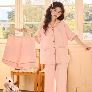 女士短袖长裤短裤带胸垫三件套开衫春夏秋薄款棉质睡衣家居服