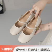 头层牛皮圆头浅口一字带玛丽珍年秋季时尚平底单鞋法式小皮鞋
