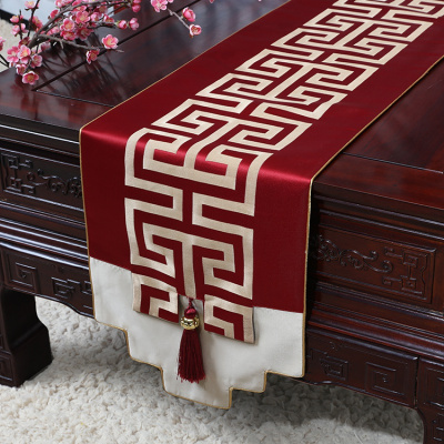 新中式古典玉桌旗茶几长条布艺中国风桌布床柜旗电视柜盖布 酒红格 34*230适合桌长170-180CM