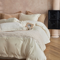 冬季法式刺绣牛奶绒床上用品四件套轻奢高级感毛绒被套床单珊瑚绒