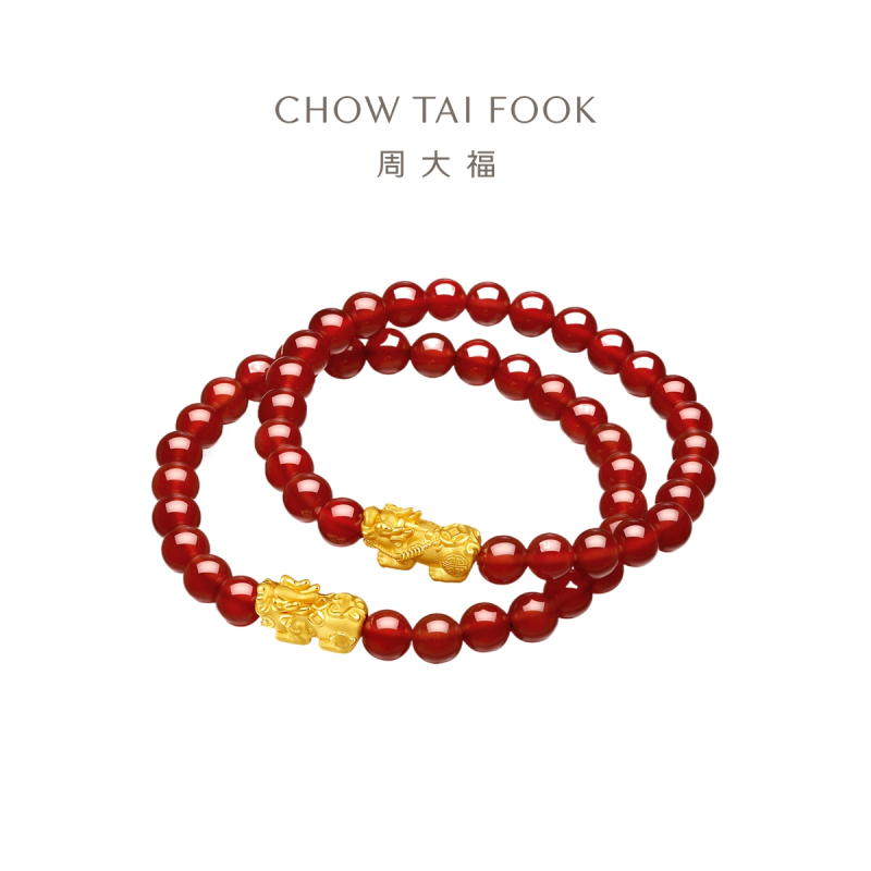 周大福 财字 钱币貔貅 定价足金黄金玉髓弹力绳手链手串 EOR106七夕礼物