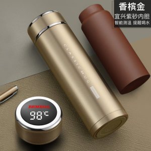 家柏饰(CORATED)紫砂内胆保温杯紫砂杯泡茶杯男士女定制水杯子 香槟金(全钢杯盖智能测温提醒喝水)