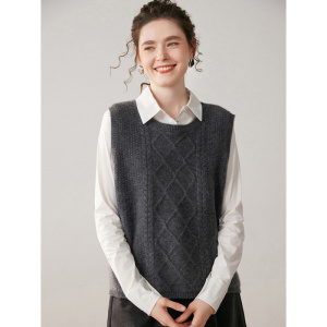 秋冬季山羊绒马甲女圆领加厚前短后长宽松背心无袖后开叉针织毛衣