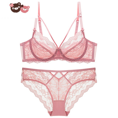 绿彩虹光超薄款绑带文胸套装女性感蕾丝半透明粉红色大胸内衣成套E