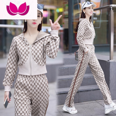 七斓短款运动休闲套装女2023春季新款时尚连帽收腰开衫阔腿长裤套