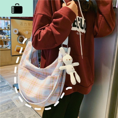 帆布大包包女包新款2020文艺小清新软妹布袋包韩版格子风饺子包潮NEW LAKE女斜挎包