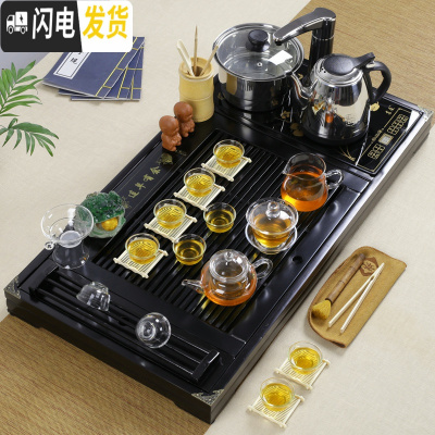 三维工匠实木茶盘套装带电磁炉四合一体茶台陶瓷功夫紫砂茶具茶杯整套家用 套装10:黑色连年玻璃茶具套