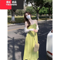 YIBUSHENG小清新绿色吊带连衣裙女季温柔风海边度假初恋裙显瘦仙长裙子