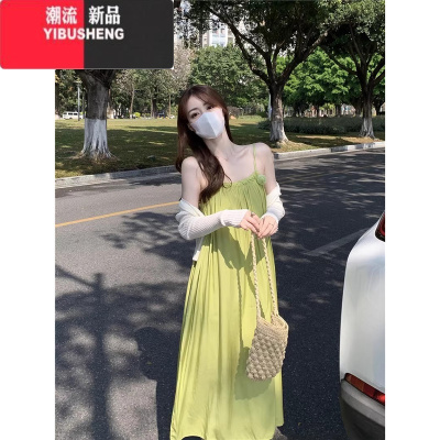 YIBUSHENG小清新绿色吊带连衣裙女季温柔风海边度假初恋裙显瘦仙长裙子