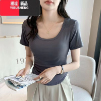 YIBUSHENG美式正肩短袖t恤女季新款纯色U领弧形下摆打底上衣A