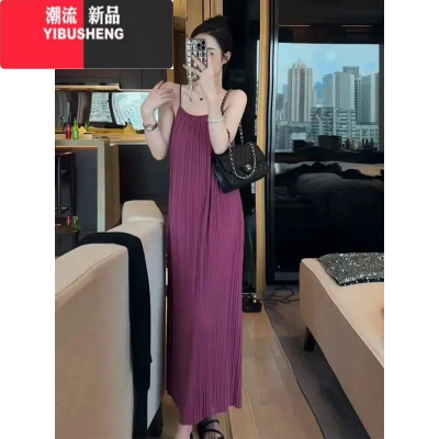 YIBUSHENG季设计感慵懒度假风褶皱吊带连衣裙女垂感显瘦无袖内搭打底长裙